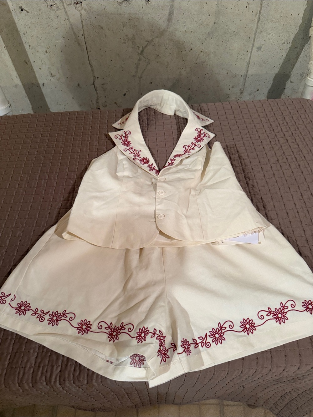 Embroidered Cream Women's Shorts Set with Wine Floral Trim